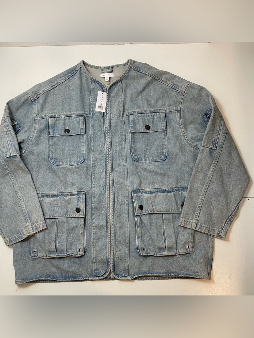 NEW Topshop Women Oversized Utility Denim Coat size 8 Collarless Open Jacket